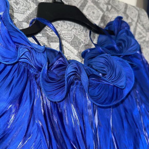 Cato Women’s Royal Blue Shimmer Ruffle Blouse Small NWT - Picture 3 of 10